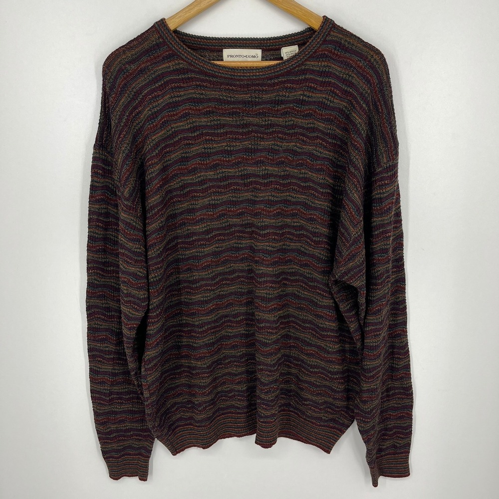 Pronto Uomo Mens XL Multi-Color‎ Wavy Stripe Textured Knit Crewneck Sweater